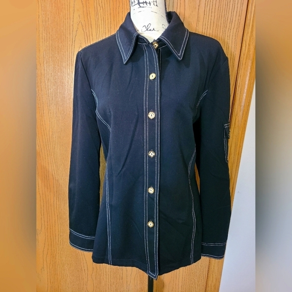 St. John Sport by Marie Gray Jackets & Blazers - St. John Sport black contrast stitch gold button sleeve pocket shirt jacket
